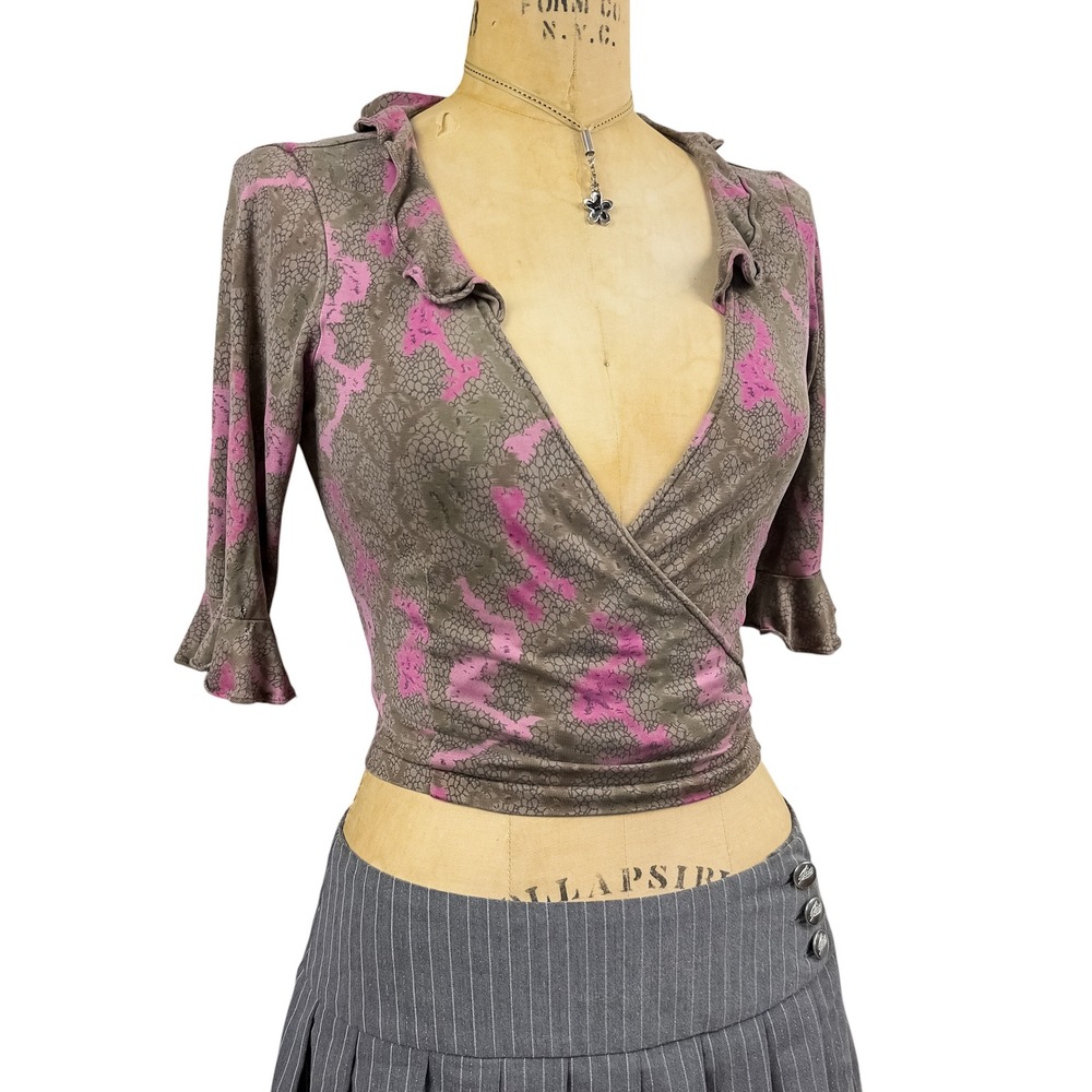 Diane von Furstenberg 100% Silk Wrap Top Ruffle Trim Floral Brown Vintage S - Picture 7 of 12